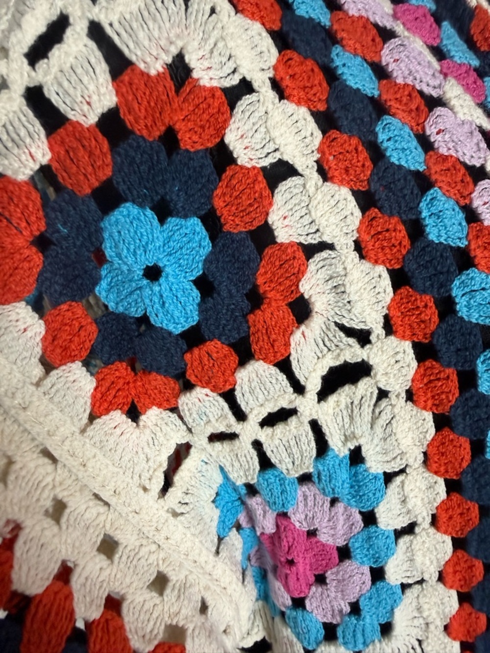 Crochet Granny Square Long Open Front Cardigan Duster Boho Cream Red Blue Medium - Picture 5 of 9
